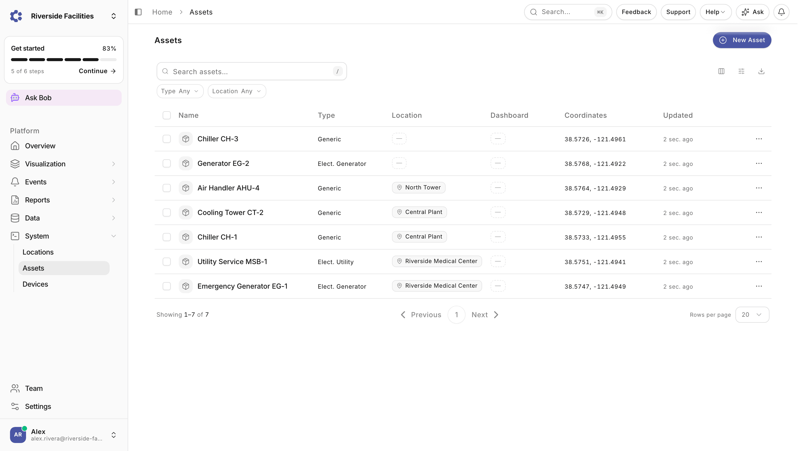 Assets list with live status in ControlCom Connect