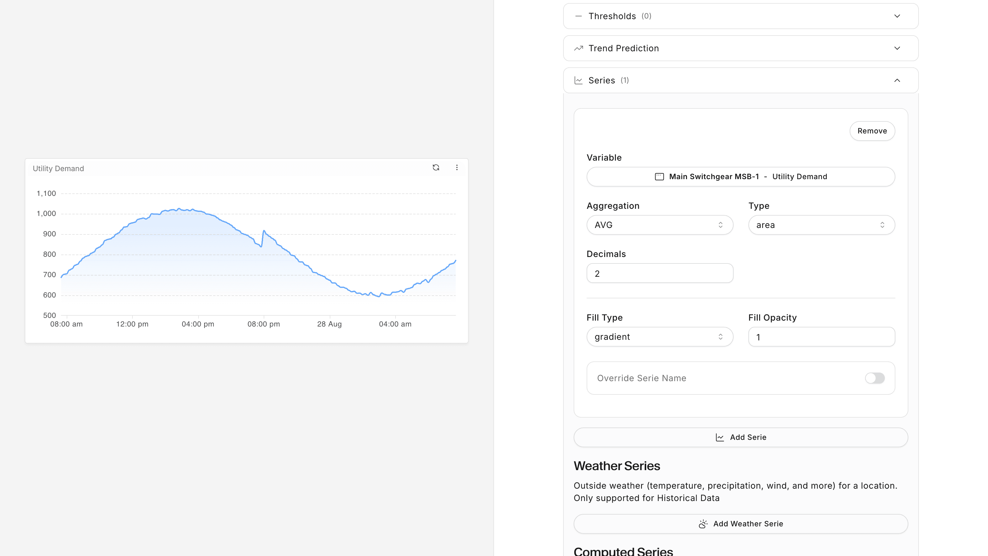 Graph widget settings panel for tuning a dashboard chart