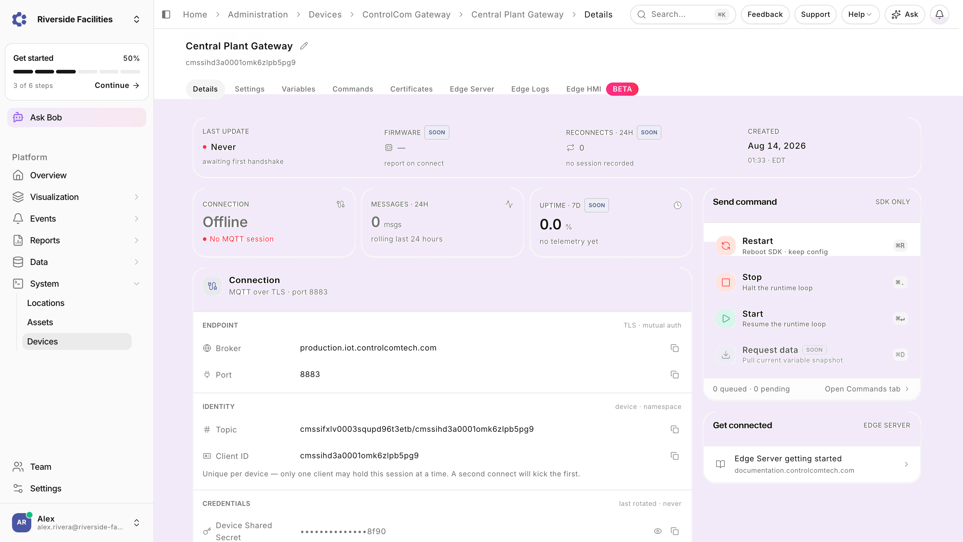 ControlCom Gateway details running on the local edge