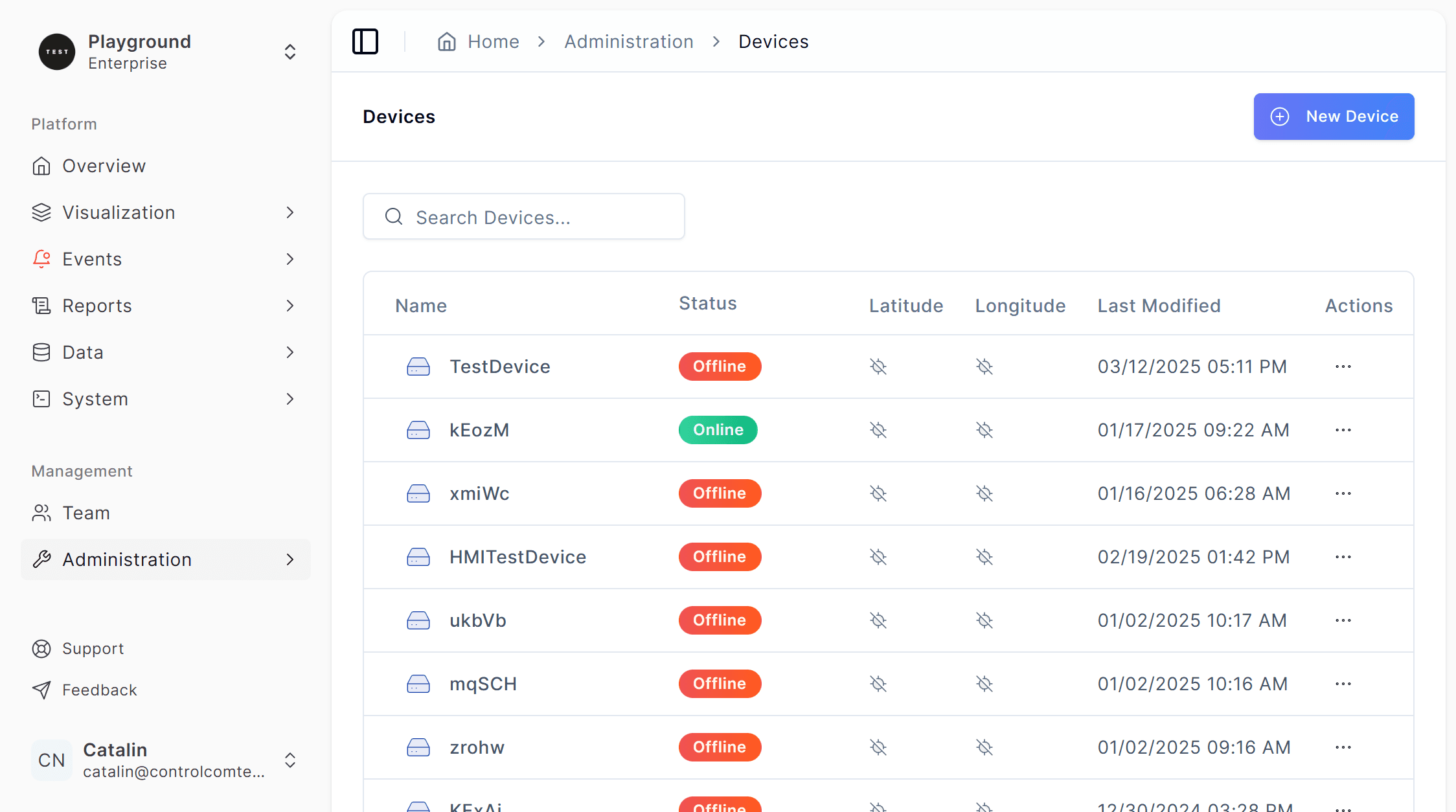 Connected devices list in ControlCom Connect
