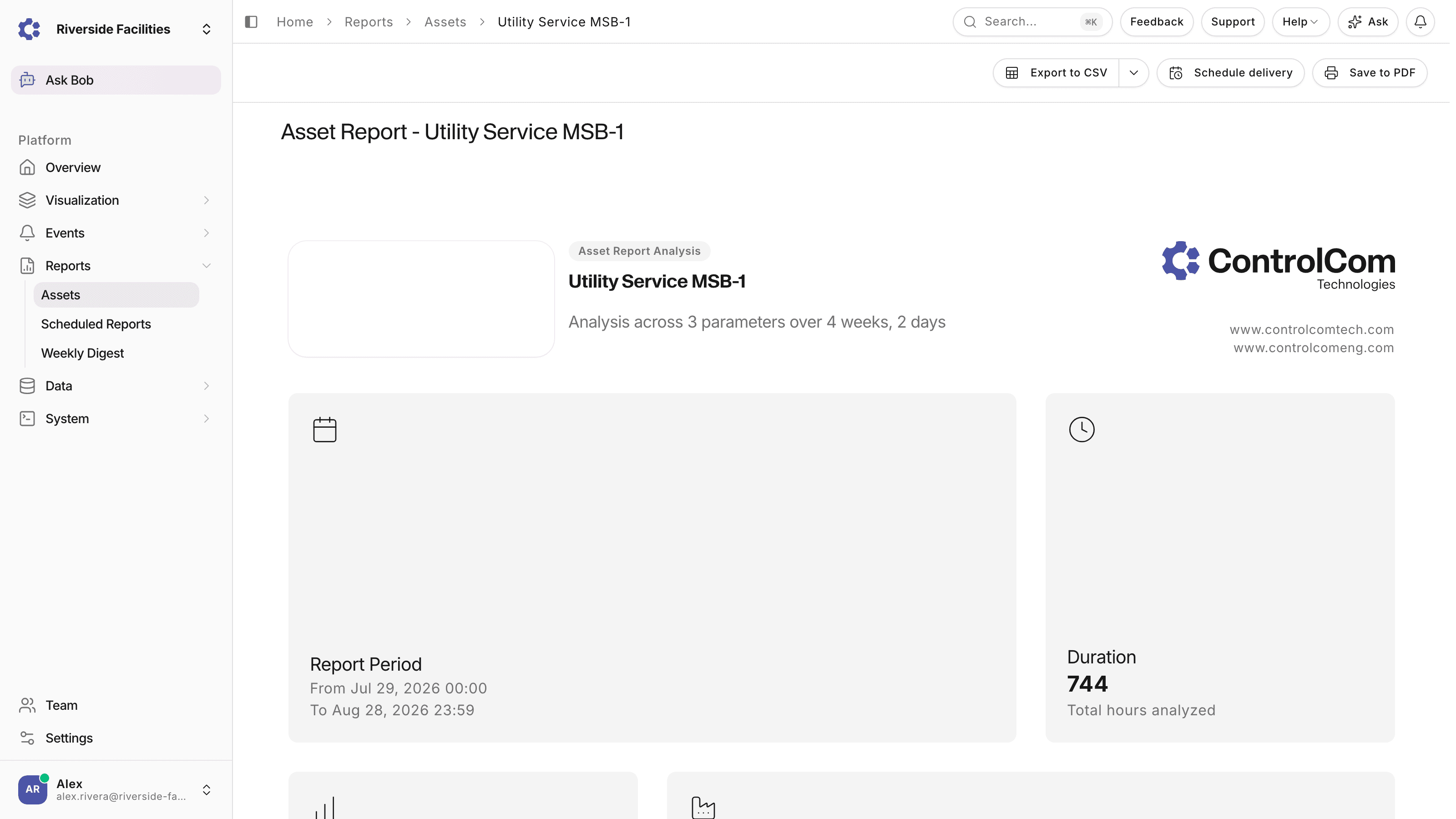 ControlCom Connect asset report showing recorded readings for a single asset over a reporting period