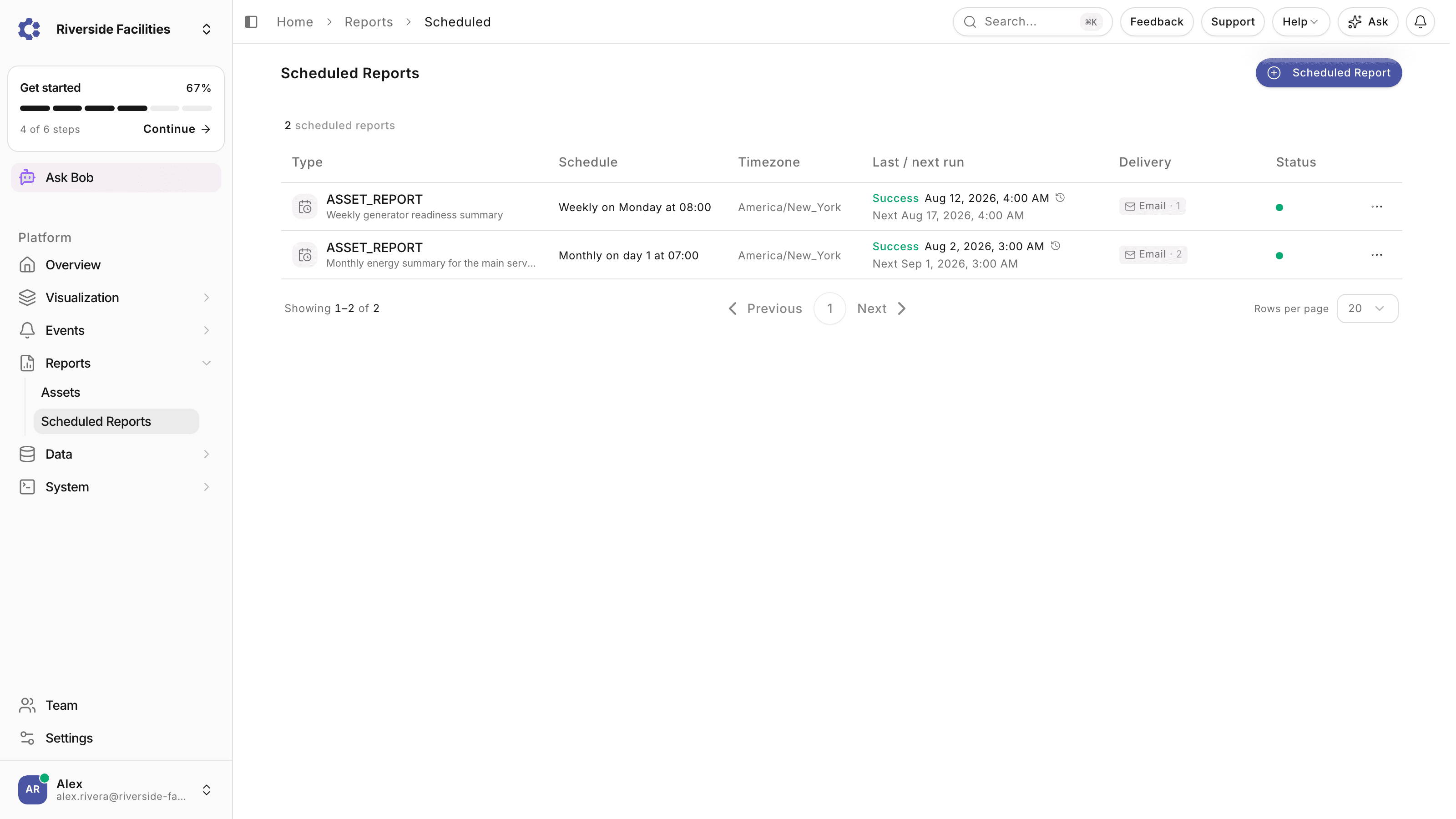 Scheduled reports list in ControlCom Connect