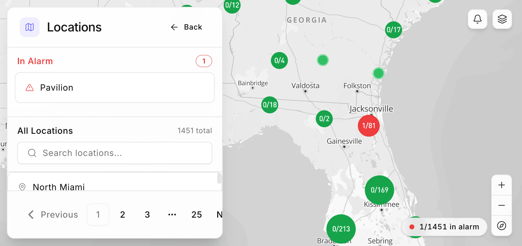 Portfolio map with site pins, weather overlay, and selected-site details