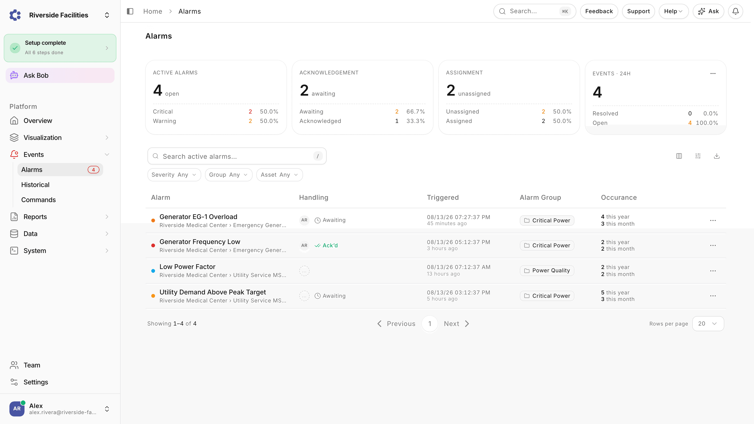 Active alarms view in ControlCom Connect