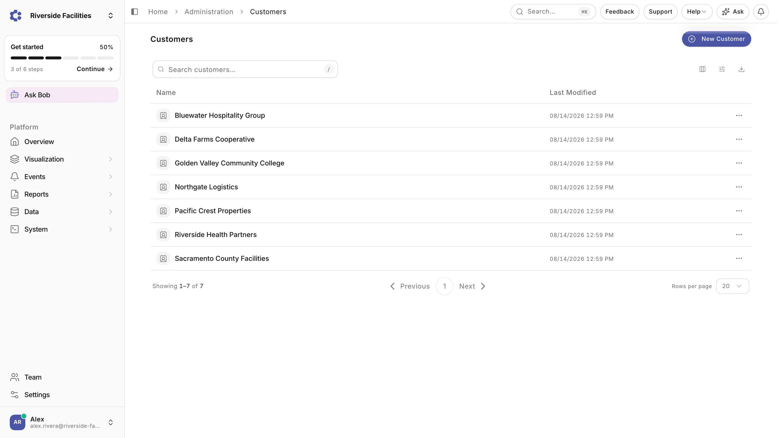 Multi-customer console in ControlCom Connect listing every customer organization