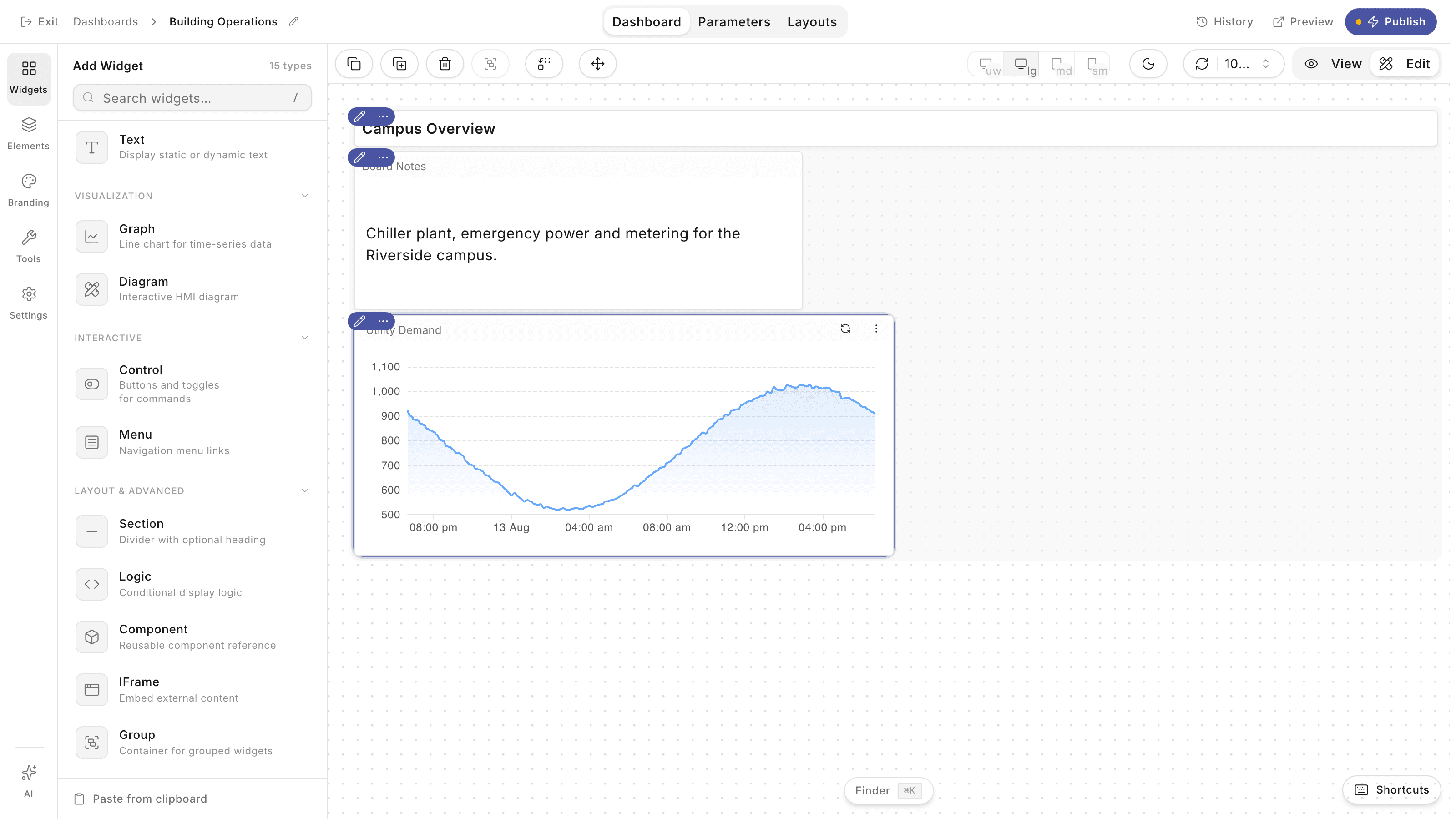 ControlCom Connect drag-and-drop dashboard builder with the widget library open