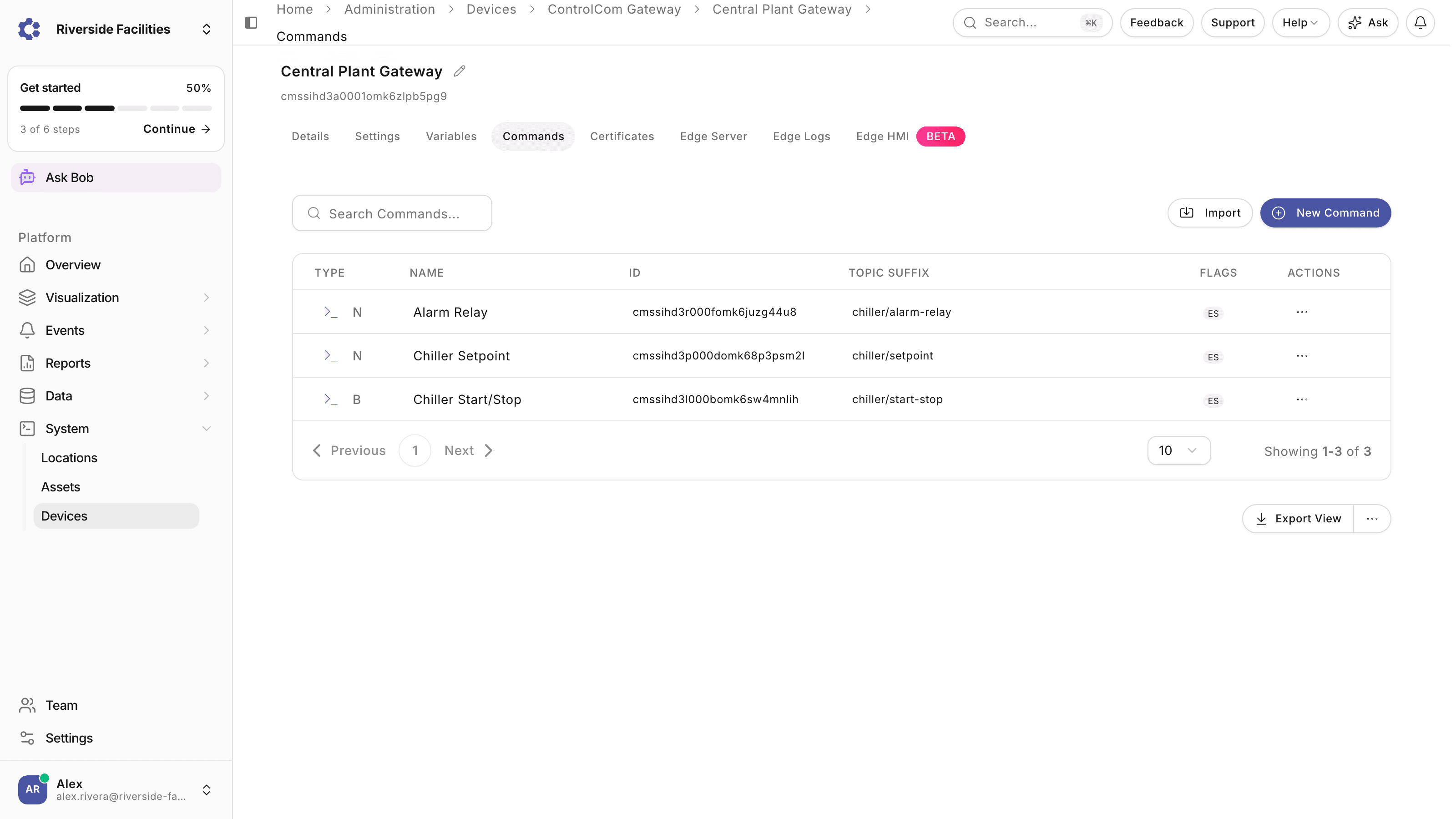Remote commands configured on a ControlCom Gateway with edge flags