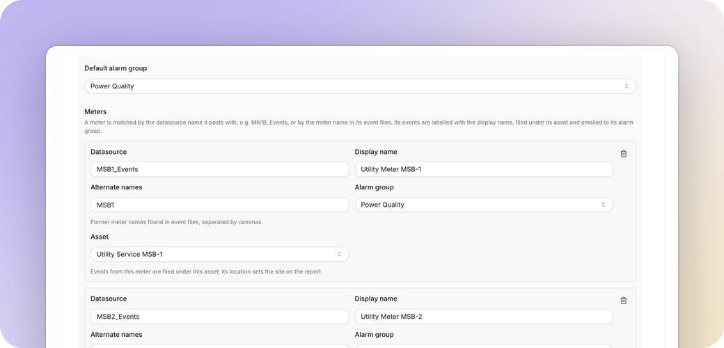 The event report pipeline configuration: a default alarm group and one card per meter with its datasource, display name, alarm group and asset